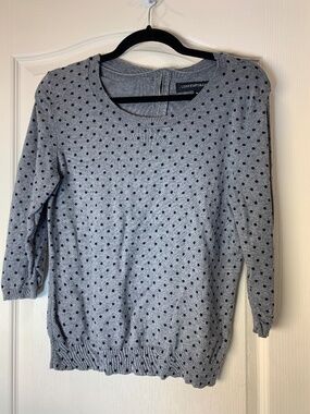 Contemporaine Simons Polka Dot Lightweight Knit Top Gray Black M 3/4‎ Sleeve